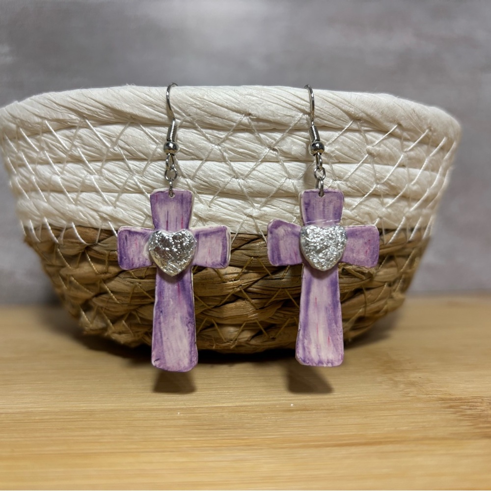 Purple and Silver Cross Earrings